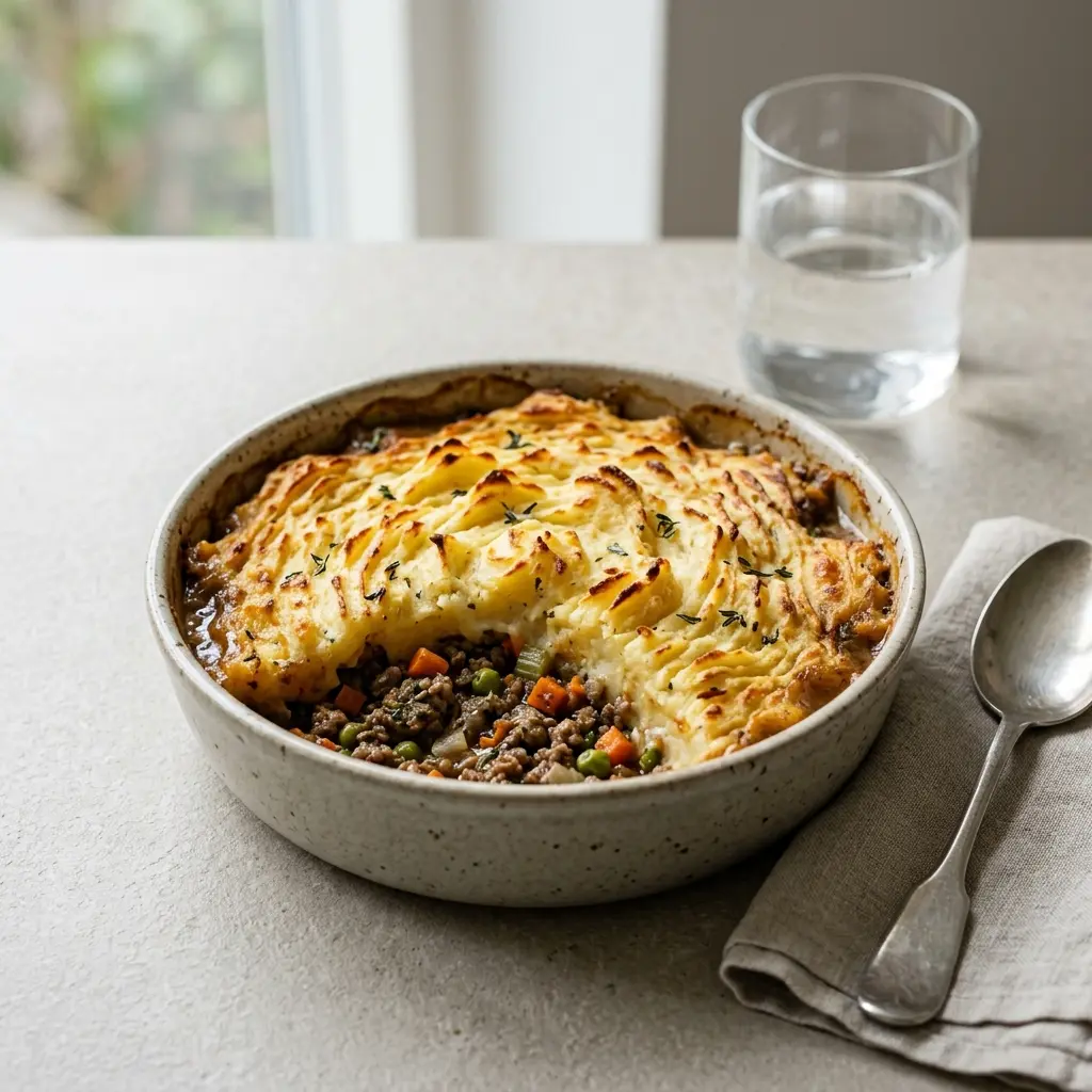 En lækker og veltilberedt shepherds pie med lam toppet med gylden og cremet kartoffelmos
