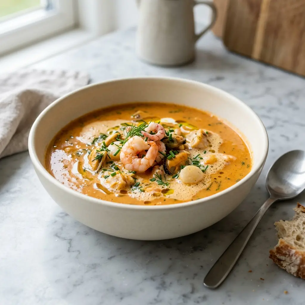 En lækker hjemmelavet skaldyrssuppe med rejer serveret i en dyb tallerken med friske krydderurter på toppen