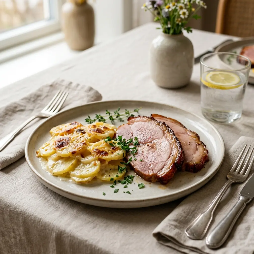 En lækker tallerken med mør skinke med flødekartofler serveret som en klassisk og velsmagende middagsret