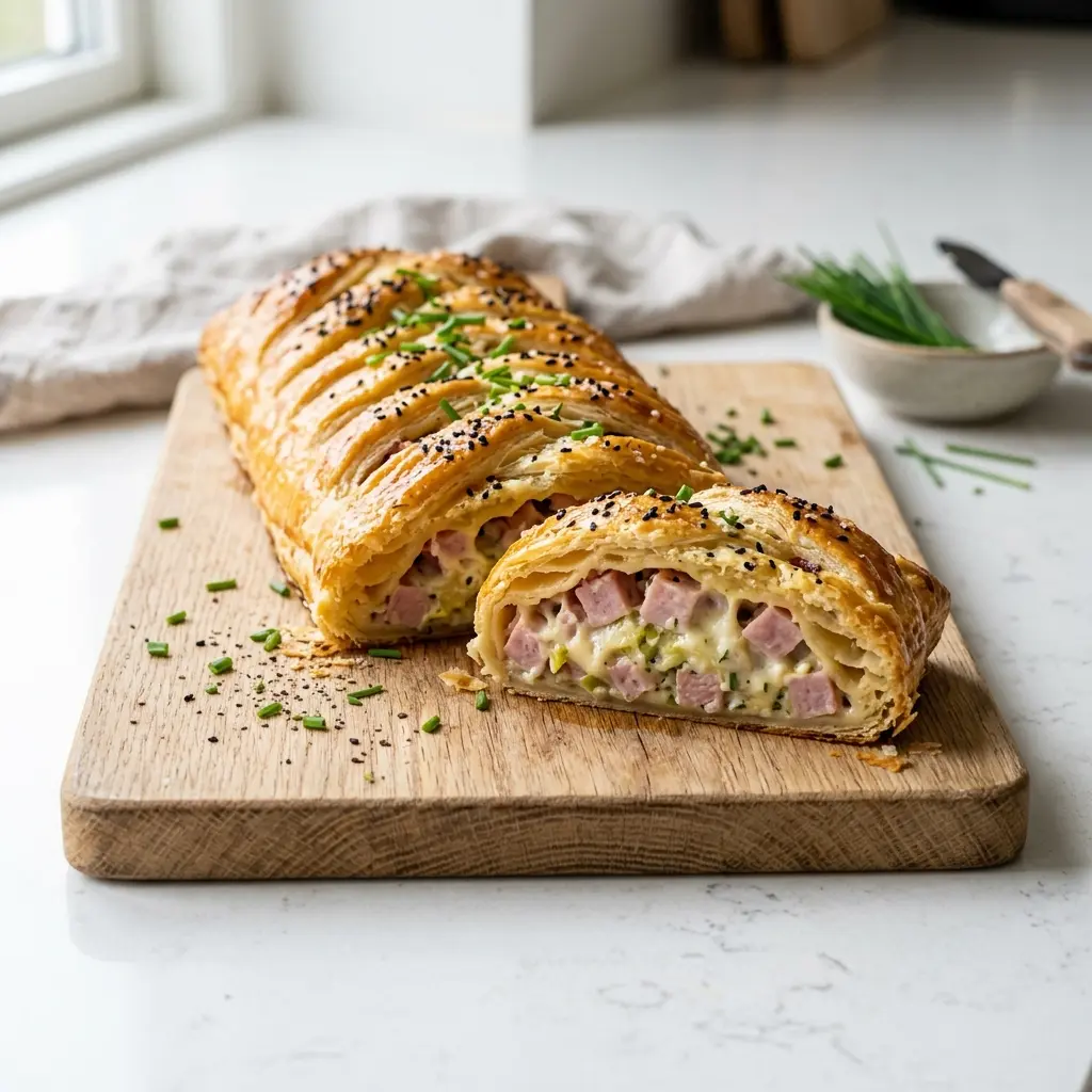 En lækker hjemmelavet skinkestang med butterdej serveret på et flot fad klar til servering