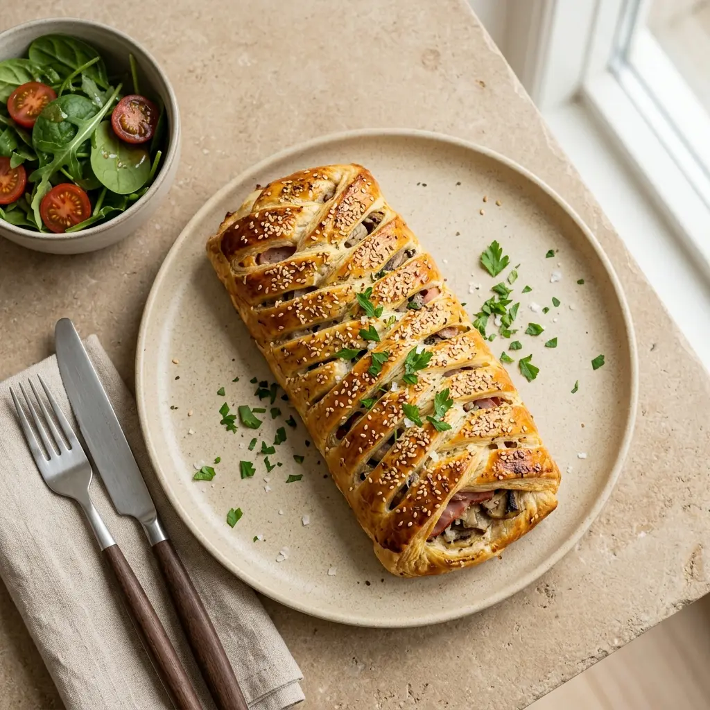 En lækker hjemmelavet skinkestang med champignon serveret på et flot fad klar til servering