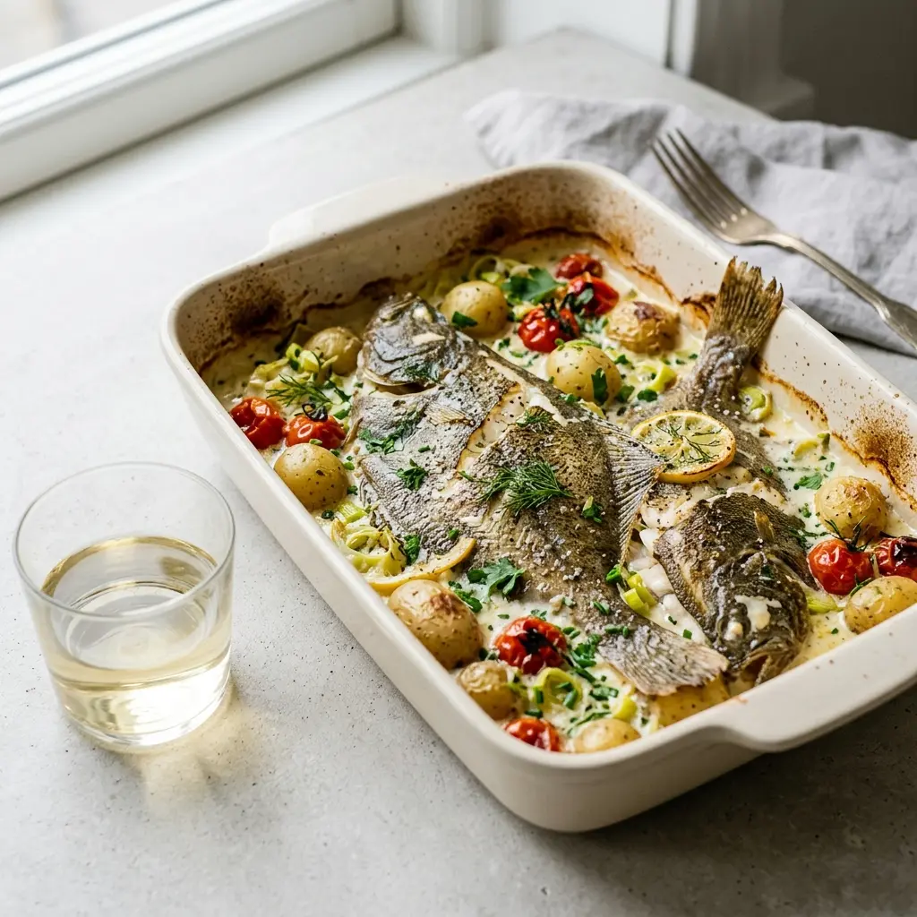 En lækker ovnbagt skrubbe i fad serveret med friske krydderurter og citron i et køkken
