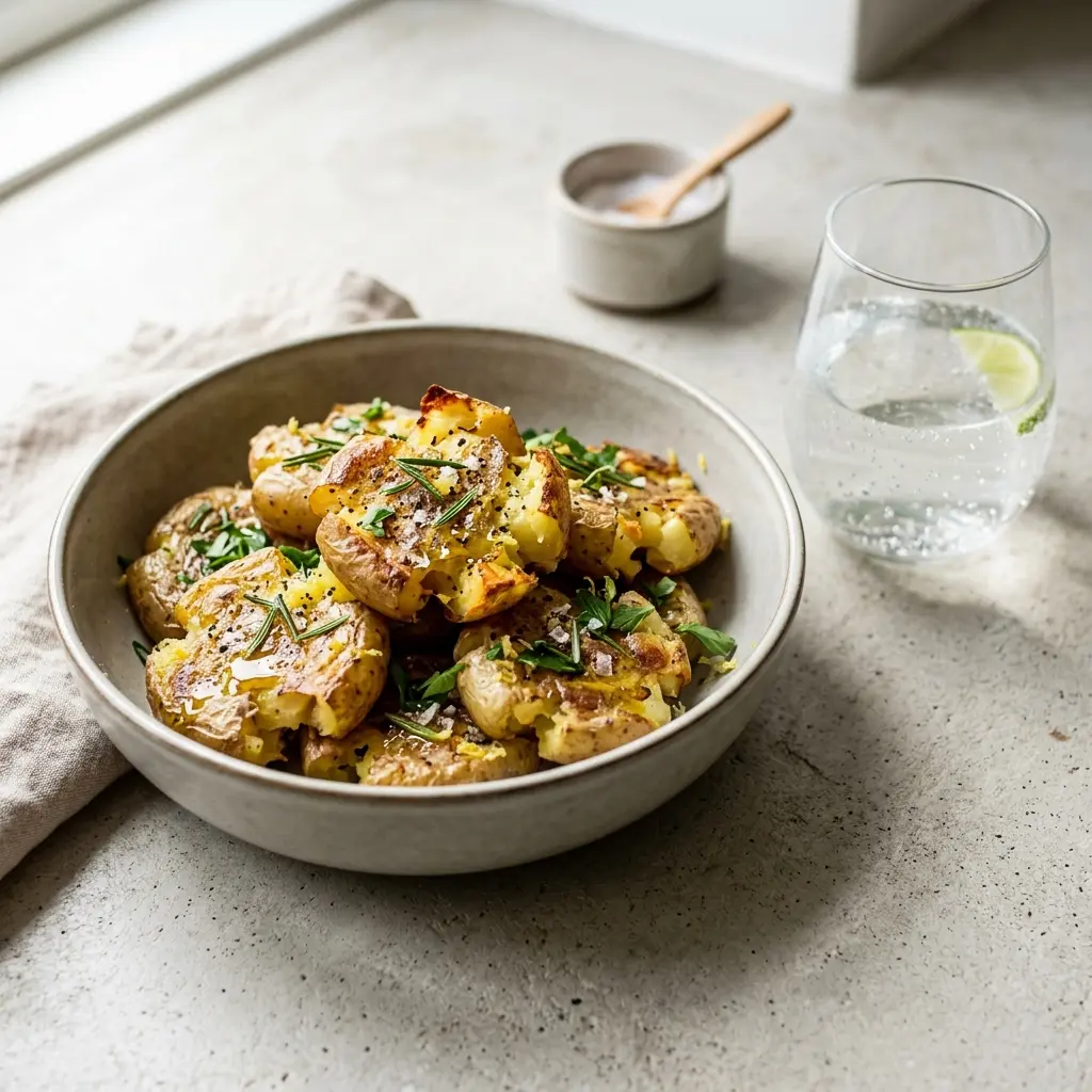 En tallerken med sprøde og lækre smashed potatøs serveret med friske krydderurter som tilbehør