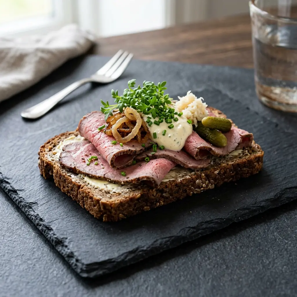 Et klassisk stykke smørrebrød med roastbeef pyntet med sprøde løg og frisk grønt på rugbrød