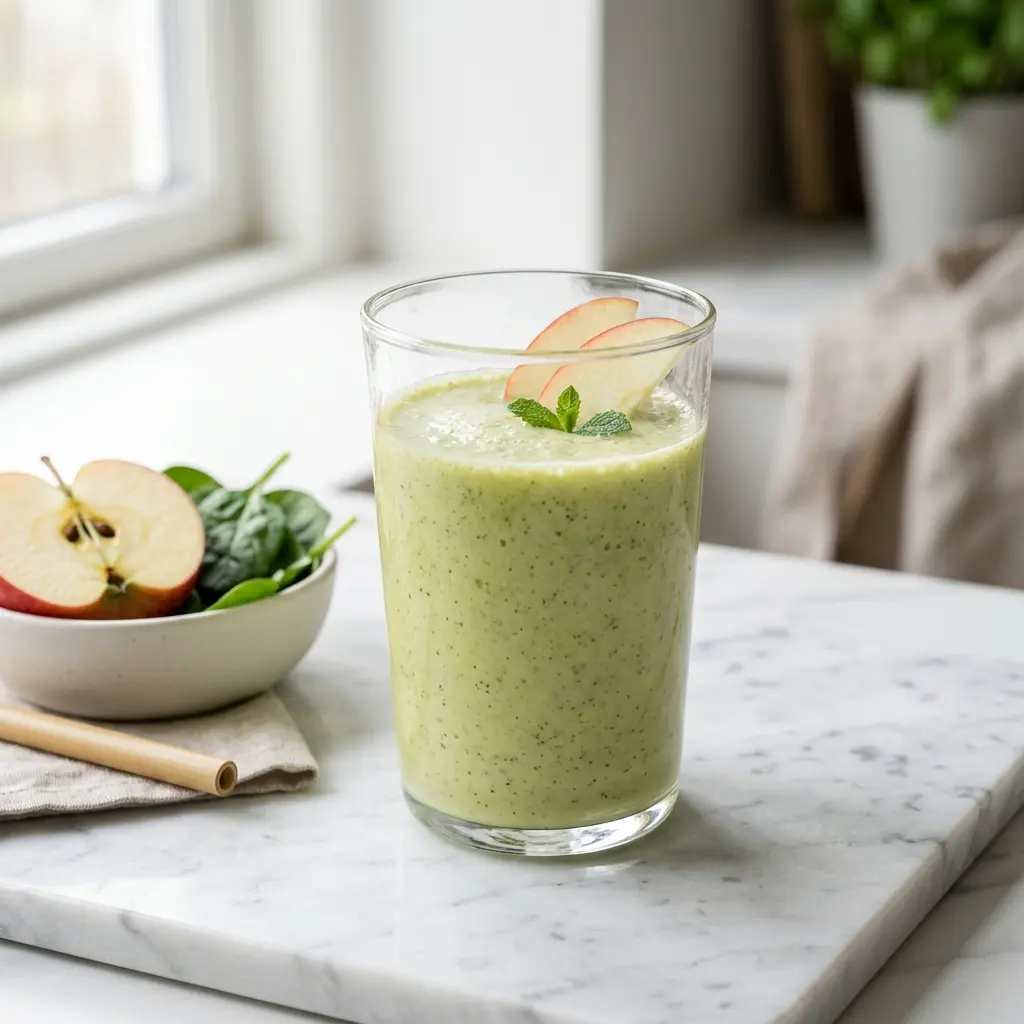 Et glas med en frisk og cremet smoothie med æble pyntet med et lille stykke frugt