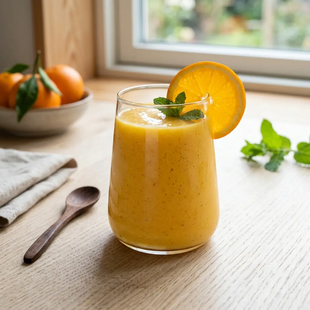 Et glas frisk og cremet smoothie med appelsin pyntet med en skive frisk frugt
