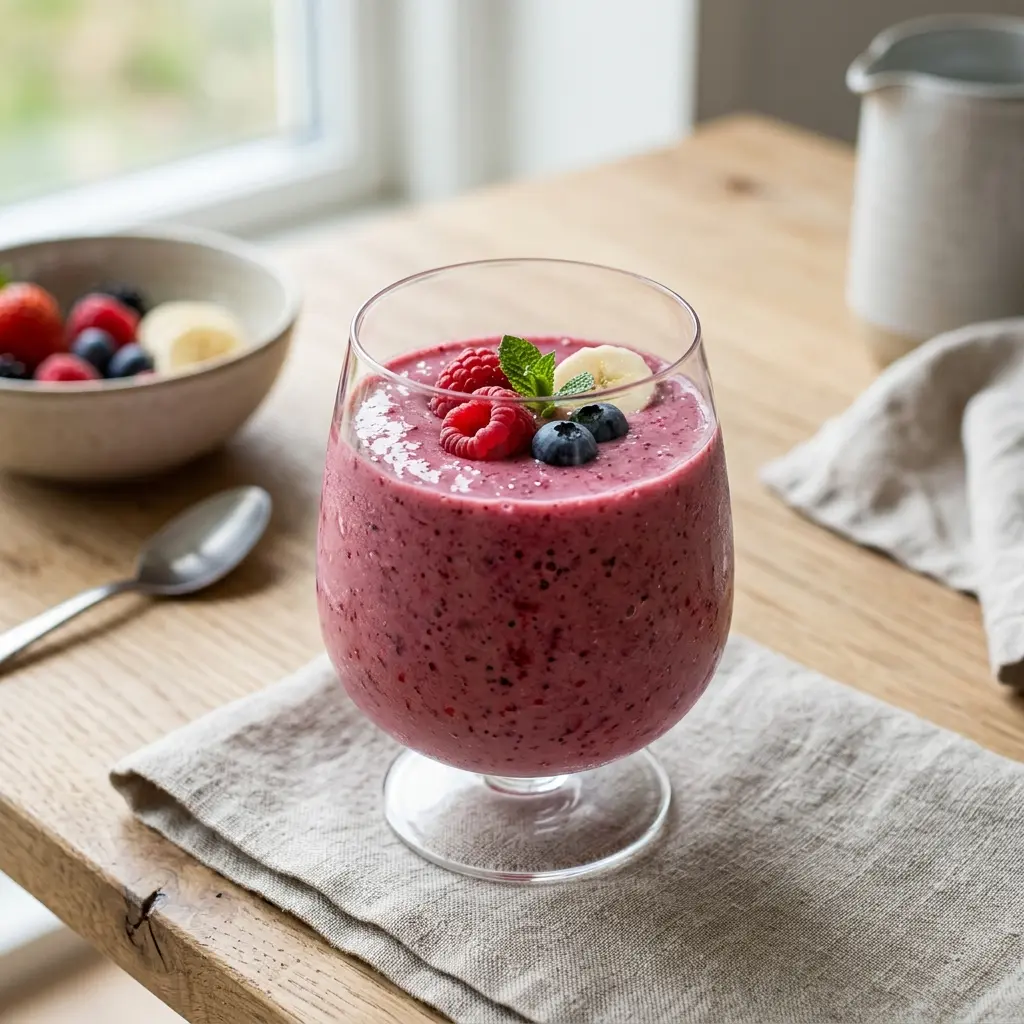 En forfriskende og cremet smoothie med bær og banan serveret i et højt glas