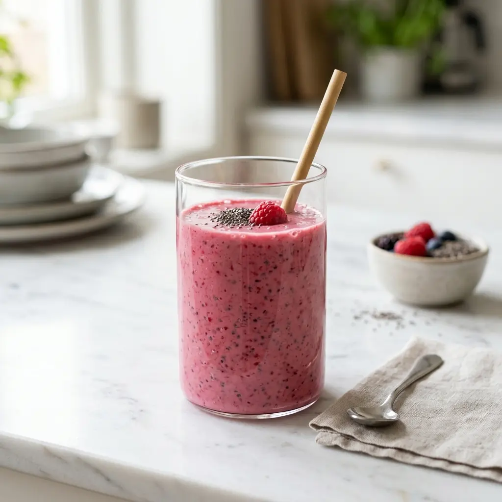 Et glas med en frisk og sund smoothie med chiafrø pyntet med friske bær på toppen