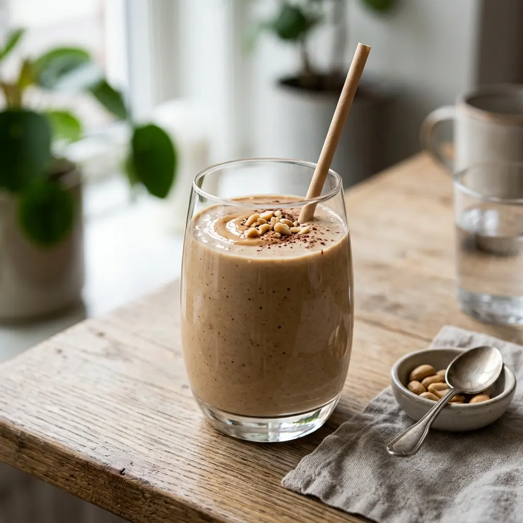Et glas fyldt med en cremet og mættende smoothie med peanutbutter toppet med lidt knuste nødder