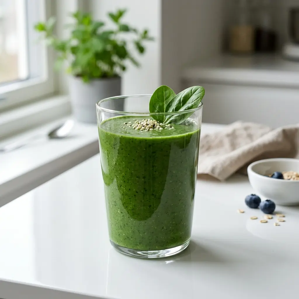 Et glas med en frisk og cremet grøn smoothie med spinat toppet med friske blade