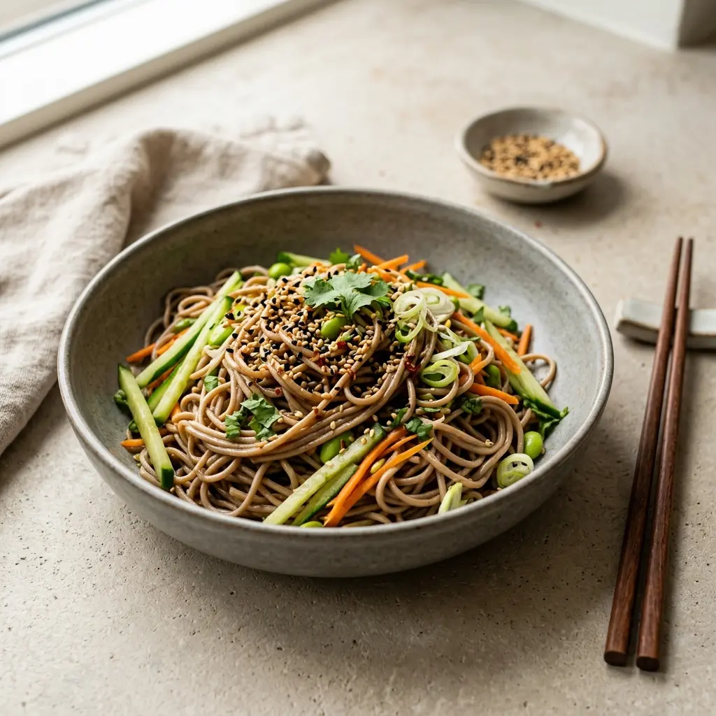 En skål med velsmagende soba nudler med sesam serveret som en let og sund frokostret