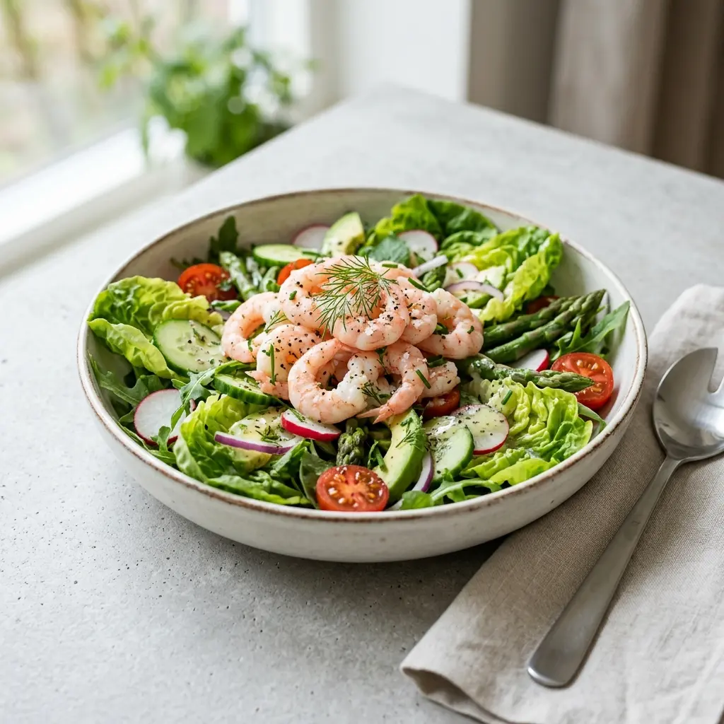 En frisk og farverig sommersalat med rejer anrettet i en dyb tallerken til en frokost