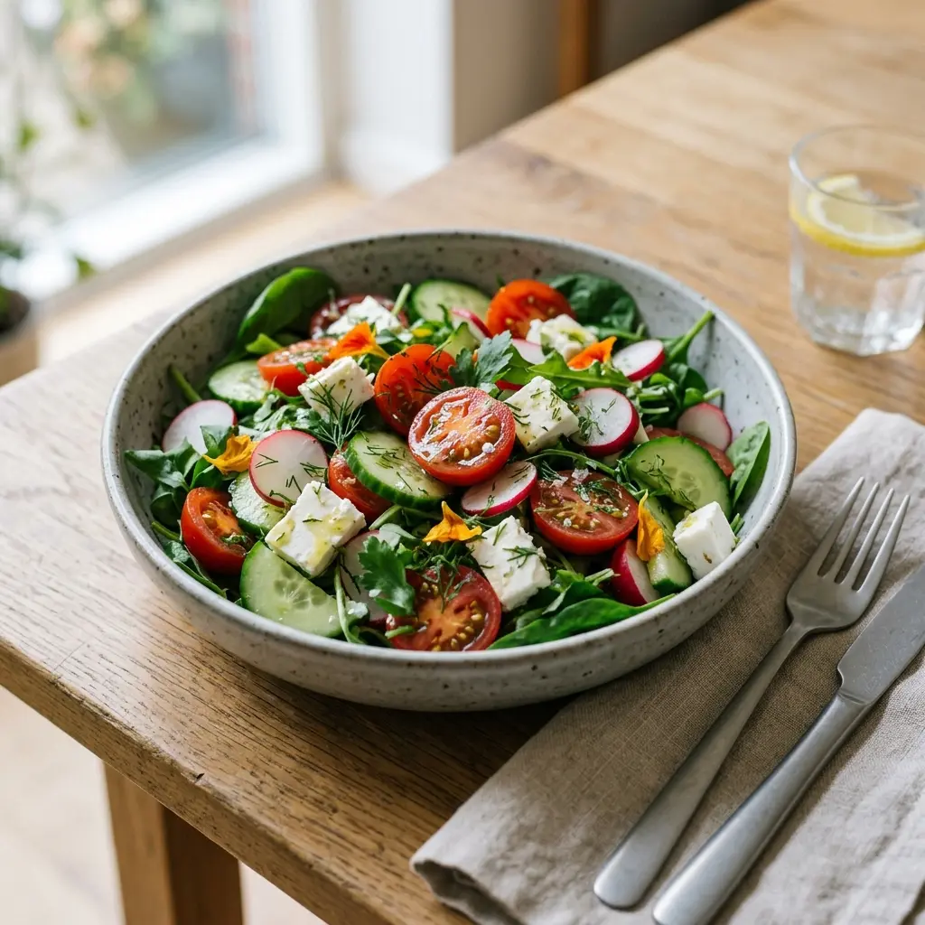 En farverig og frisk sommersalat anrettet i en stor skål klar til at blive serveret