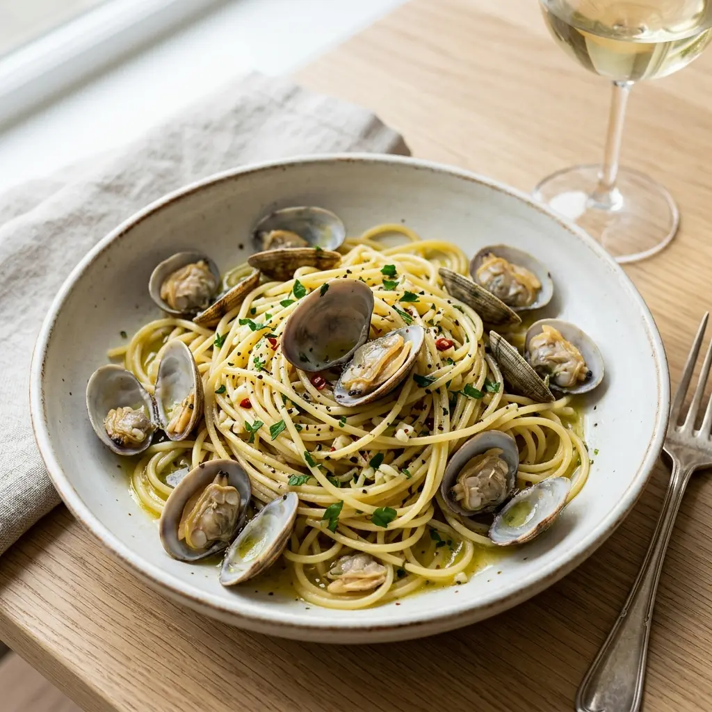 En lækker portion frisklavet spaghetti alle vongole serveret med friske hjertemuslinger og masser af persille
