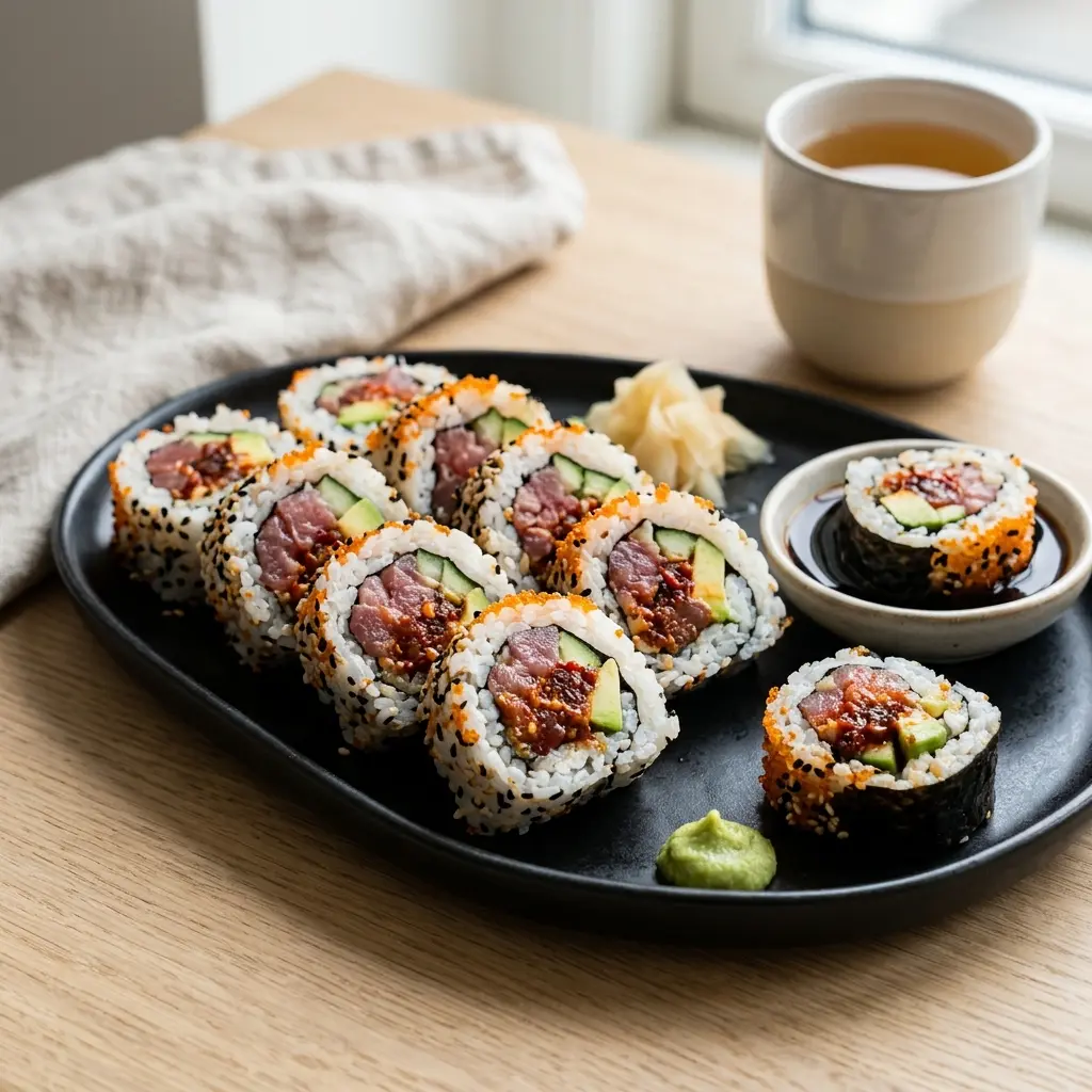 En frisk og hjemmelavet spicy tuna roll anrettet flot på en tallerken klar til servering