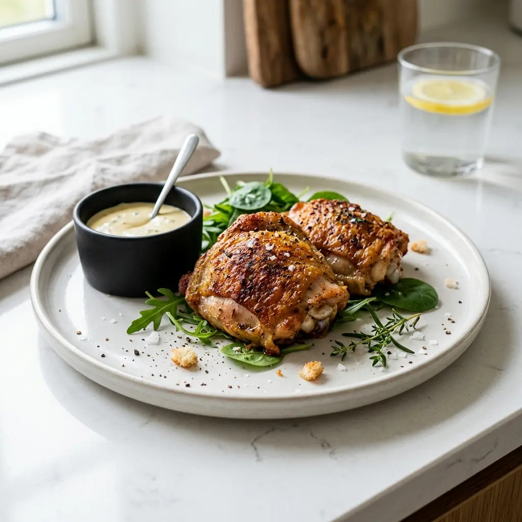 Et fad med lækre sprøde kyllingelår der er stegt gyldne og klar til at blive serveret
