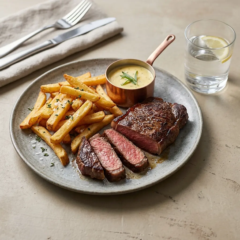 En tallerken med en klassisk steak frites serveret med sprøde pommes frites og krydderurter