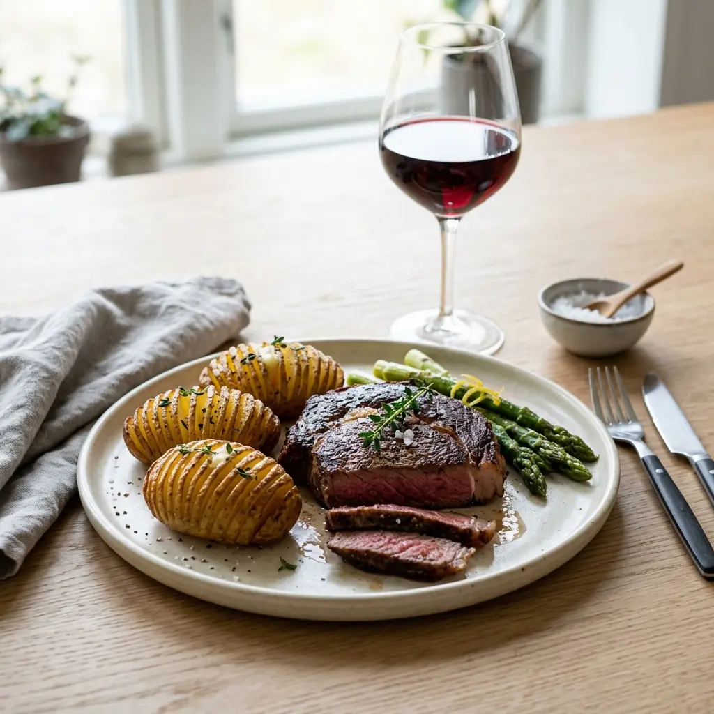 En lækker anretning af en saftig steak med hasselback kartofler serveret på en flot tallerken