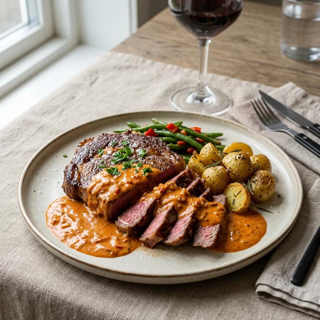 En veltilberedt steak med paprikasovs serveret på en tallerken med lækkert tilbehør til aftensmad