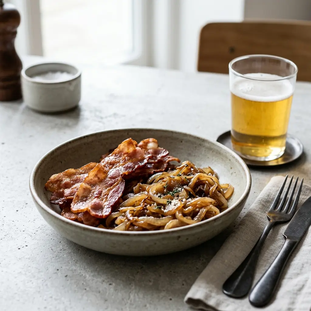 En lækker tallerken med sprødstegt bacon med bløde løg klar til at blive serveret varm