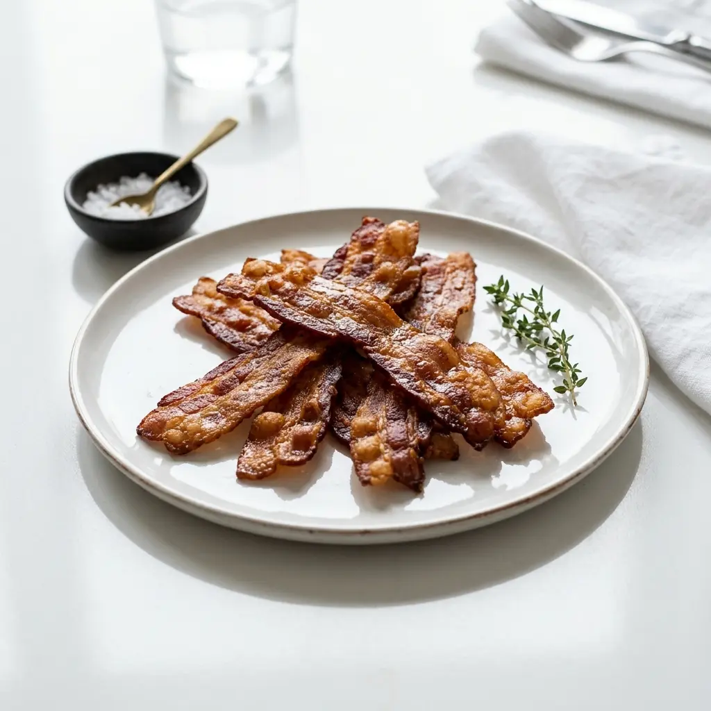 En tallerken med sprødt og gyldent stegt bacon serveret som et lækkert og velsmagende måltid