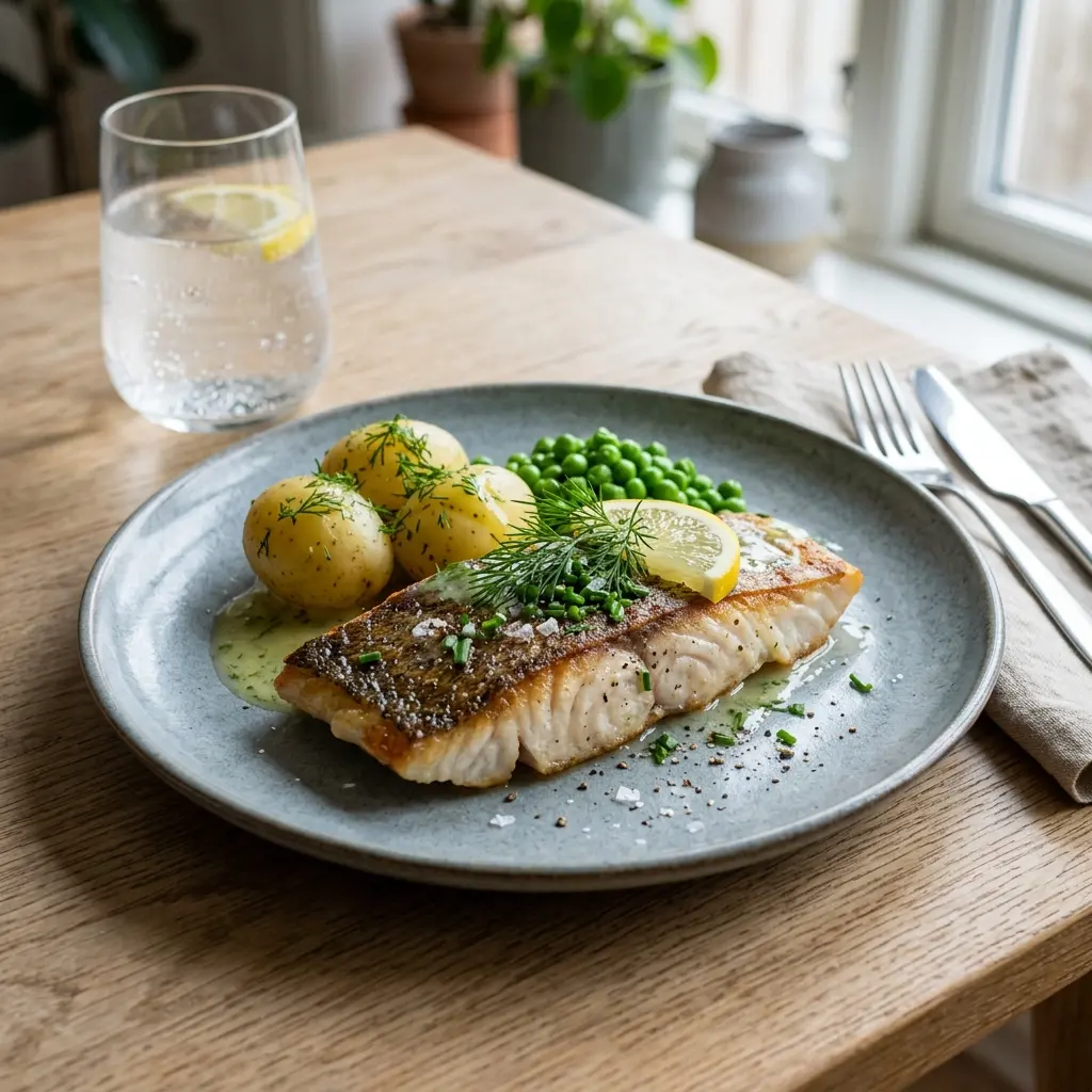 En tallerken med lækker stegt mørksej serveret med friske krydderurter og en let citronsovs