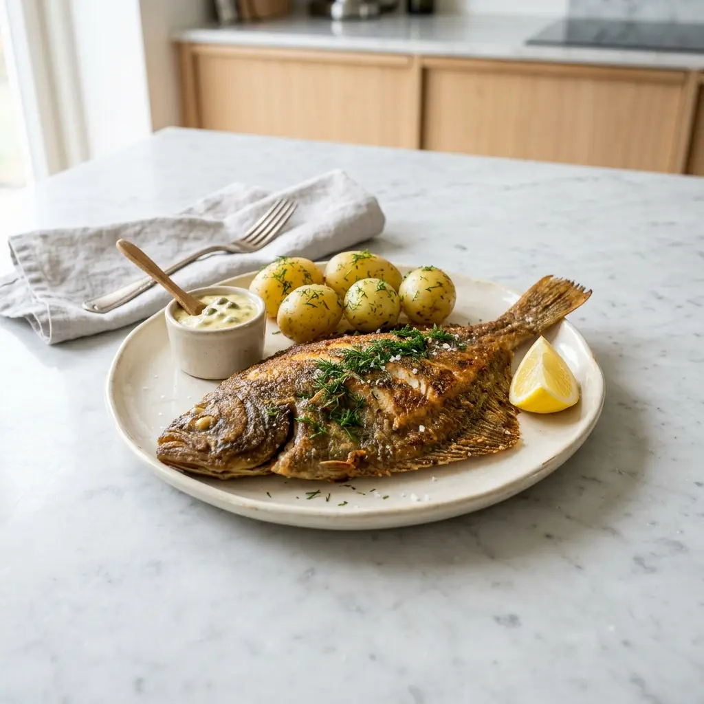 En tallerken med en lækkert tilberedt stegt skrubbe serveret med friske krydderurter og citron
