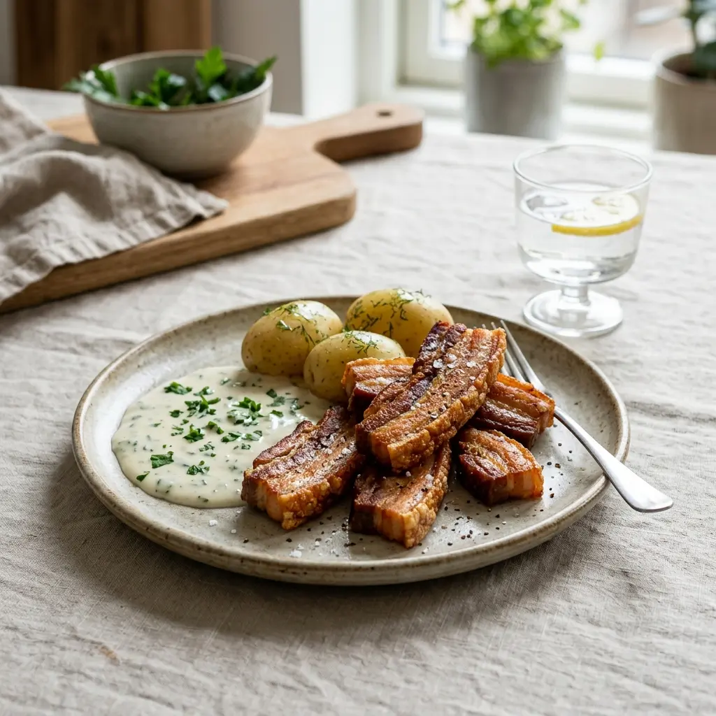 En tallerken med gyldent og sprødt stegt stribet flæsk serveret som en klassisk dansk middagsret