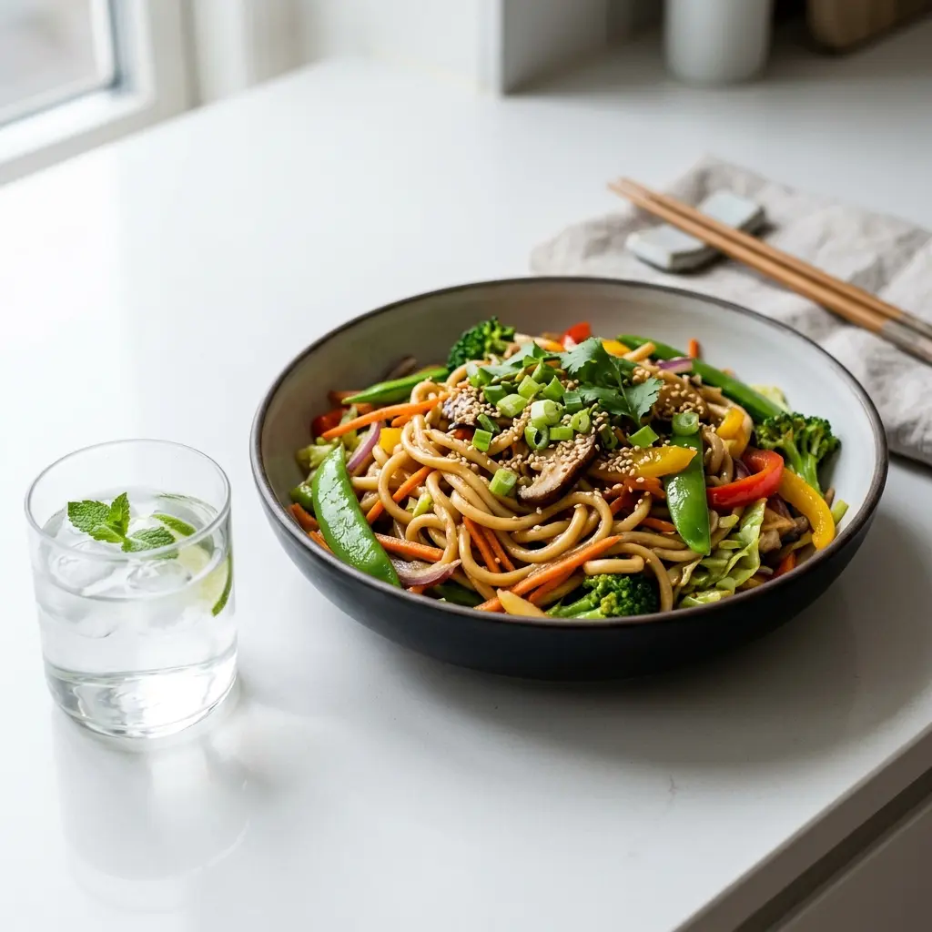 En farverig tallerken med lækre stegte nudler med grøntsager serveret som et sundt vegetarisk måltid