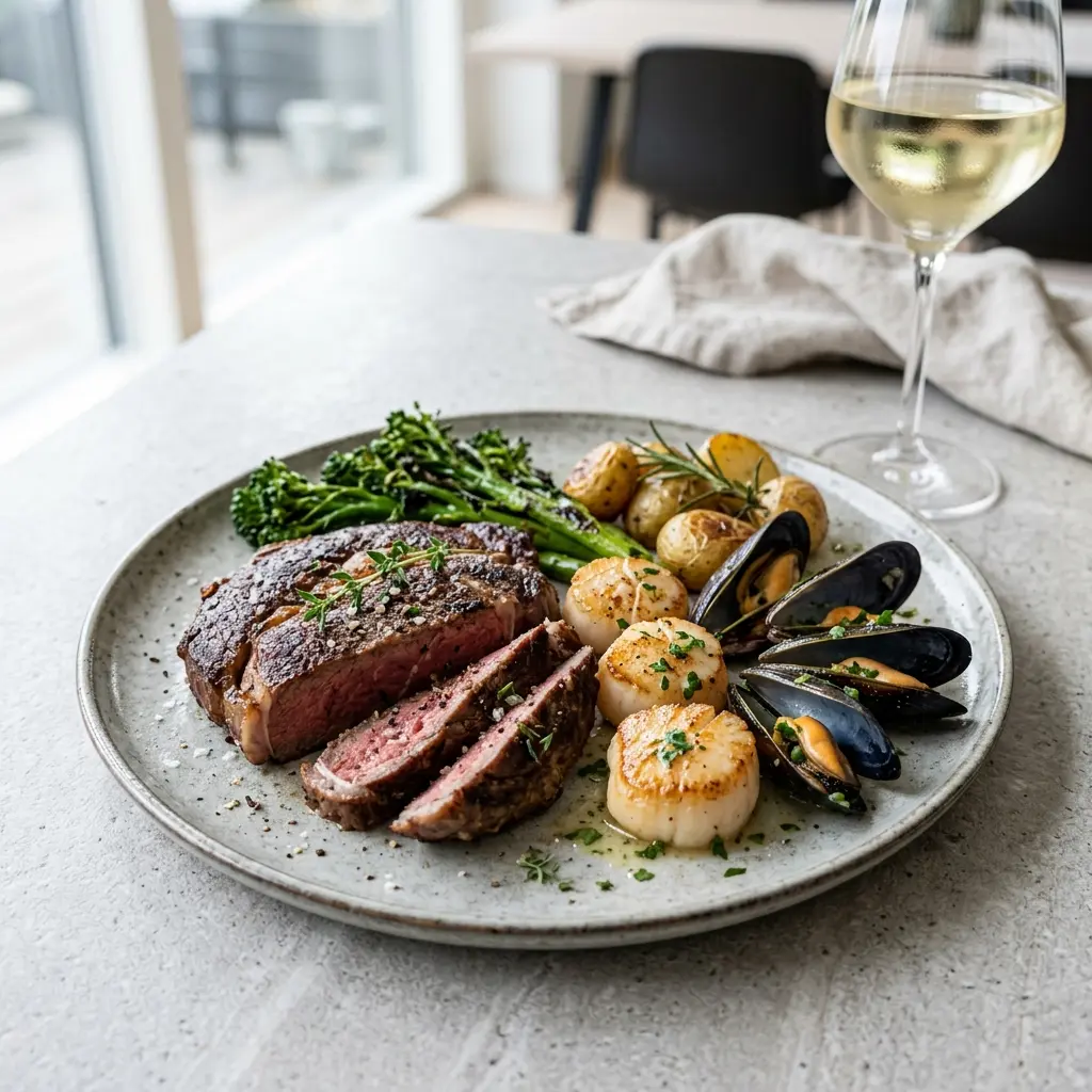 En lækker tallerken med surf and turf bestående af grillet oksekød og saftige skaldyr serveret