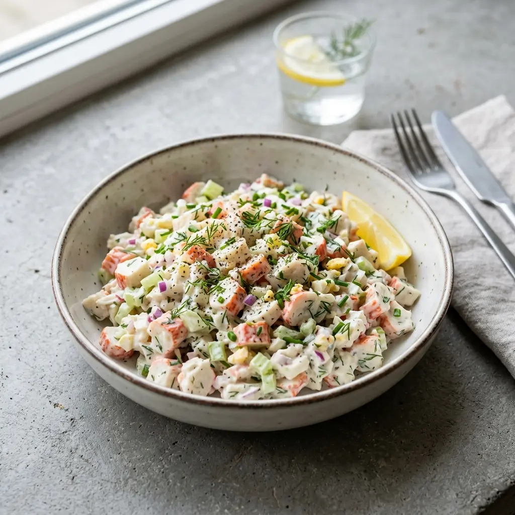 En frisk og indbydende surimi salat serveret i en skål klar til at blive spist