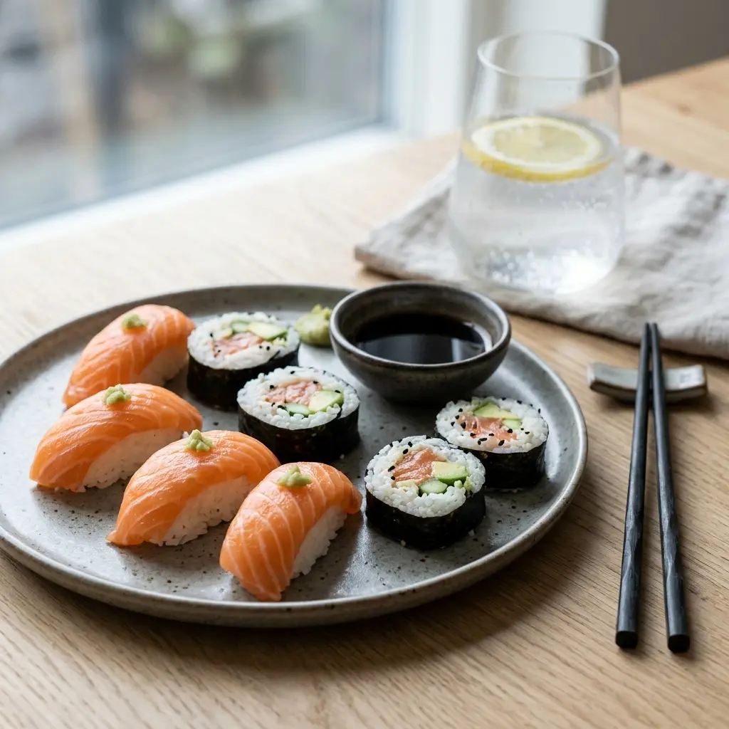 En flot anrettet tallerken med frisk sushi med laks serveret med ingefær og wasabi
