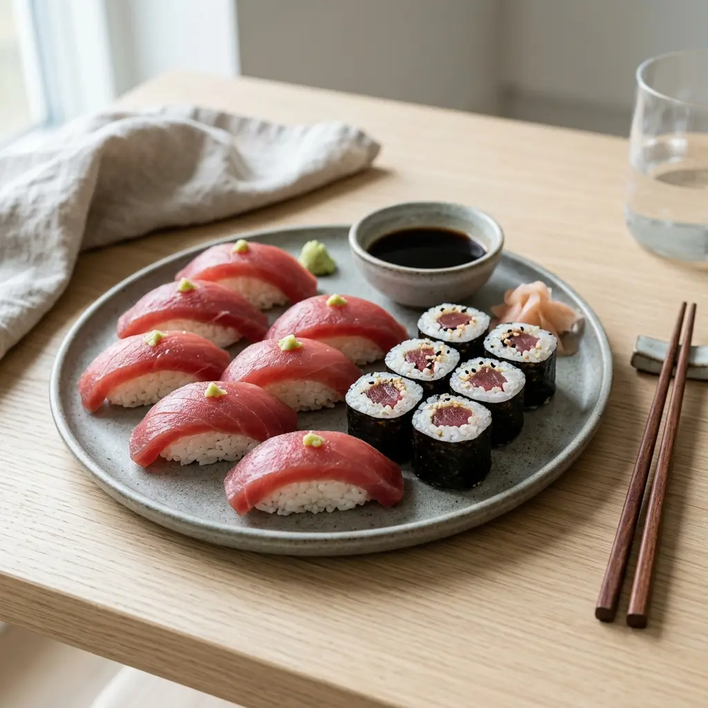 En flot anretning af hjemmelavet sushi med tun serveret på en elegant mørk tallerken