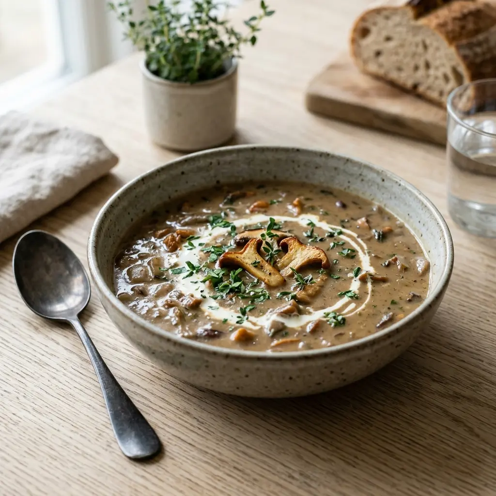 En varm og cremet svampesuppe serveret i en dyb tallerken med friske krydderurter på toppen
