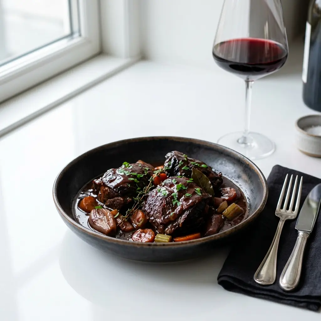 En lækker tallerken med møre svinekæber i rødvin serveret med en fyldig og velsmagende sauce