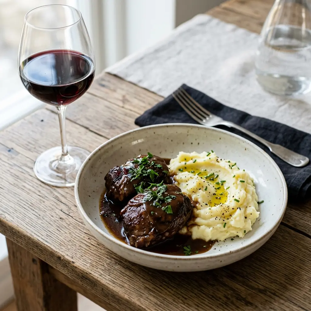 En lækker tallerken med møre svinekæber med kartoffelmos serveret med en fyldig og velsmagende sauce