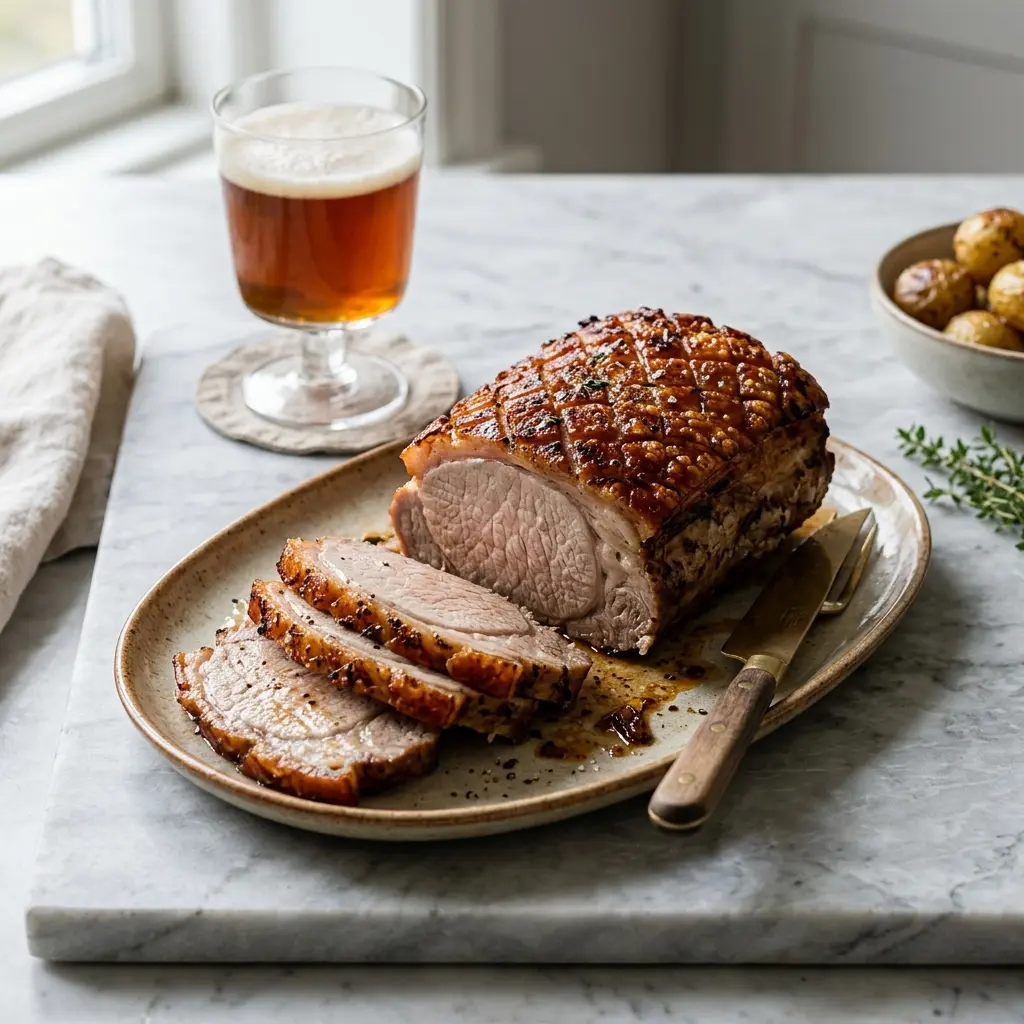 En lækker og saftig svinekam å grill serveret med sprøde grøntsager på en sommeraften