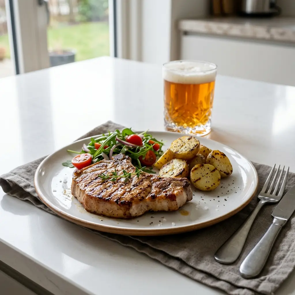 Saftige svinekoteletter å grill serveret direkte fra risten med flotte grillstriber og en lækker stegeskorpe