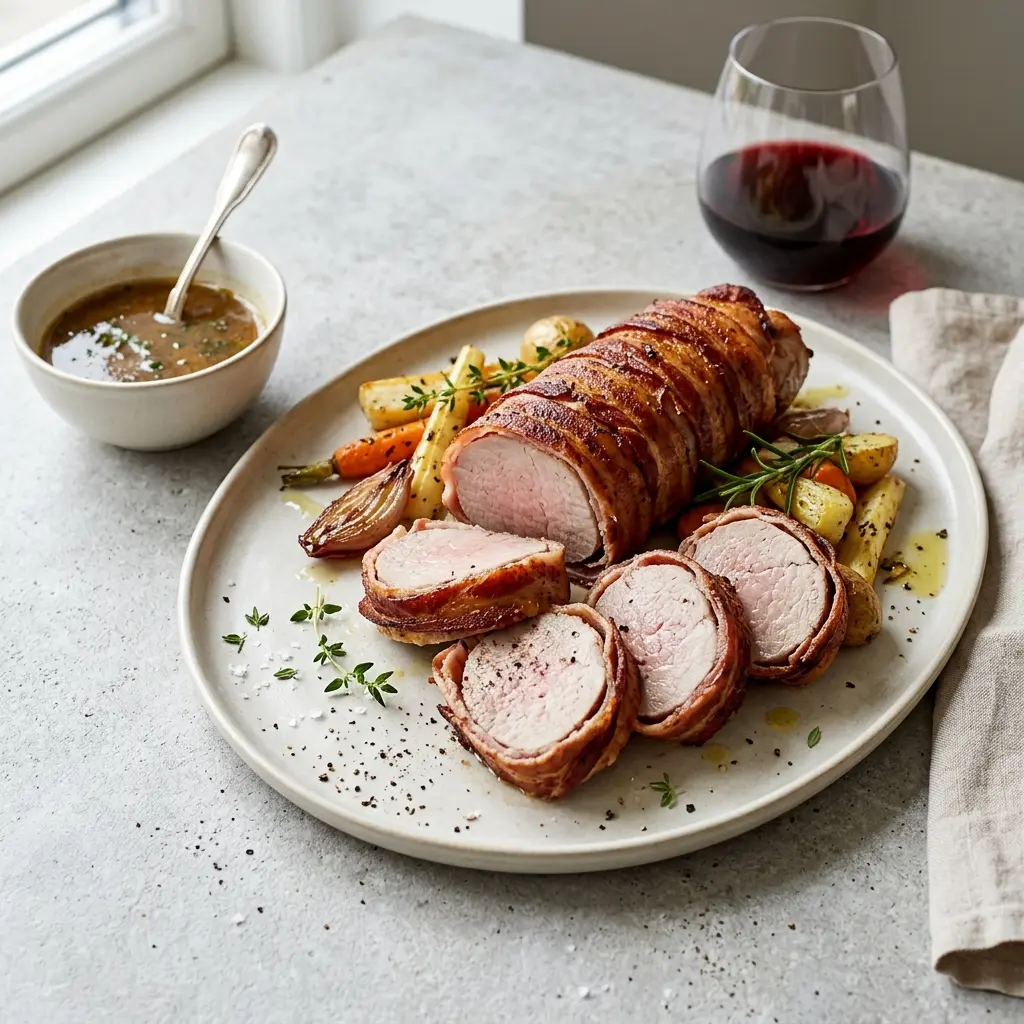 En lækker og saftig svinemørbrad med bacon klar til servering på et flot fad
