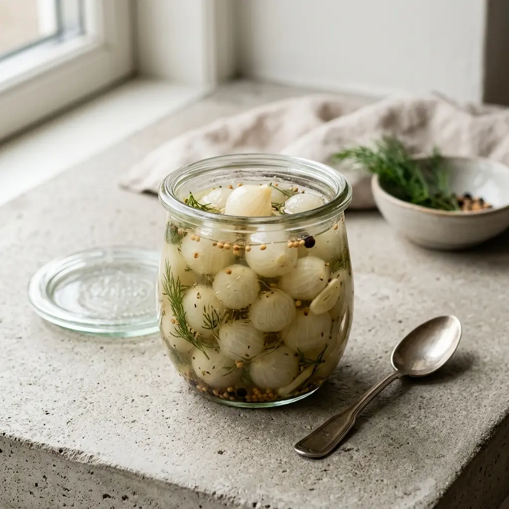 Et glas med hjemmelavede syltede perleløg der er klar til at blive serveret som tilbehør