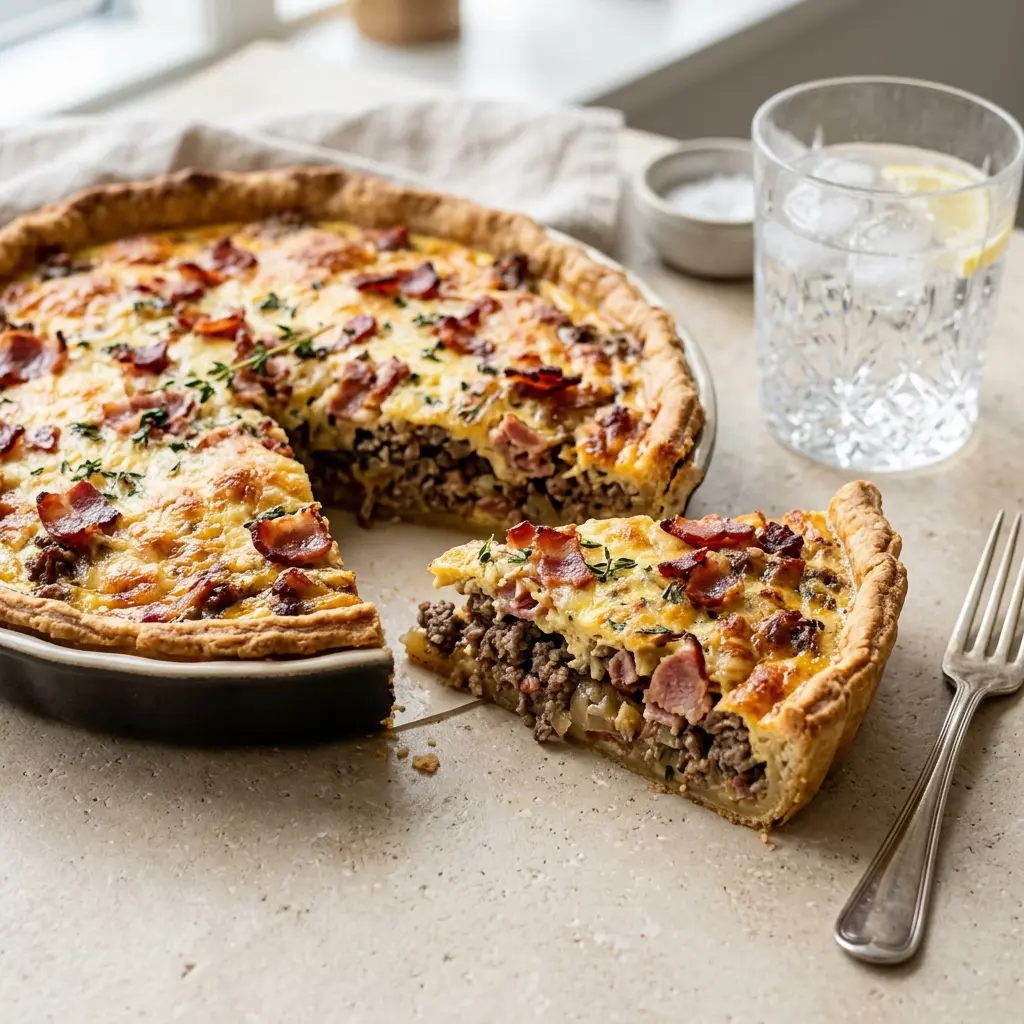 En lækker hjemmelavet tærte med oksekød og bacon serveret på en lys tallerken til aftensmad