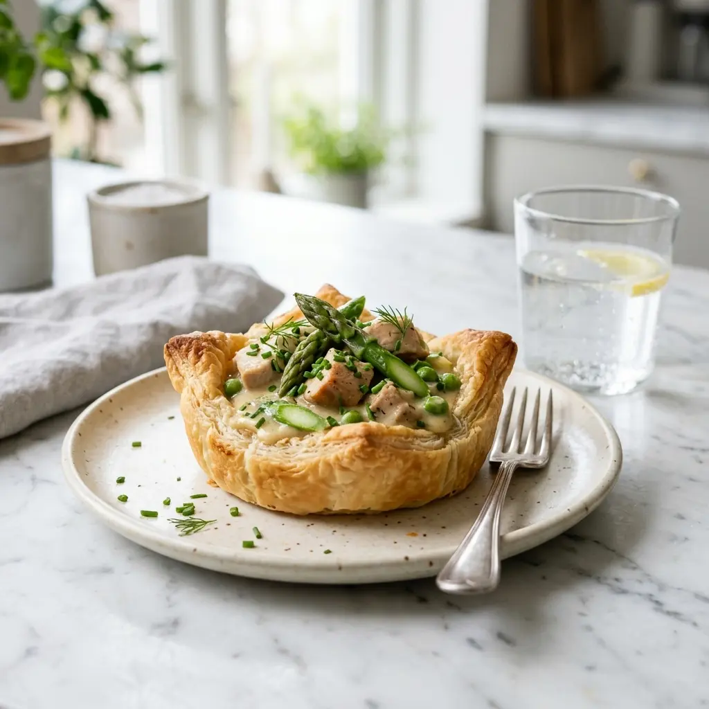 En klassisk dansk ret med sprøde tarteletter med kylling og asparges i en cremet sovs