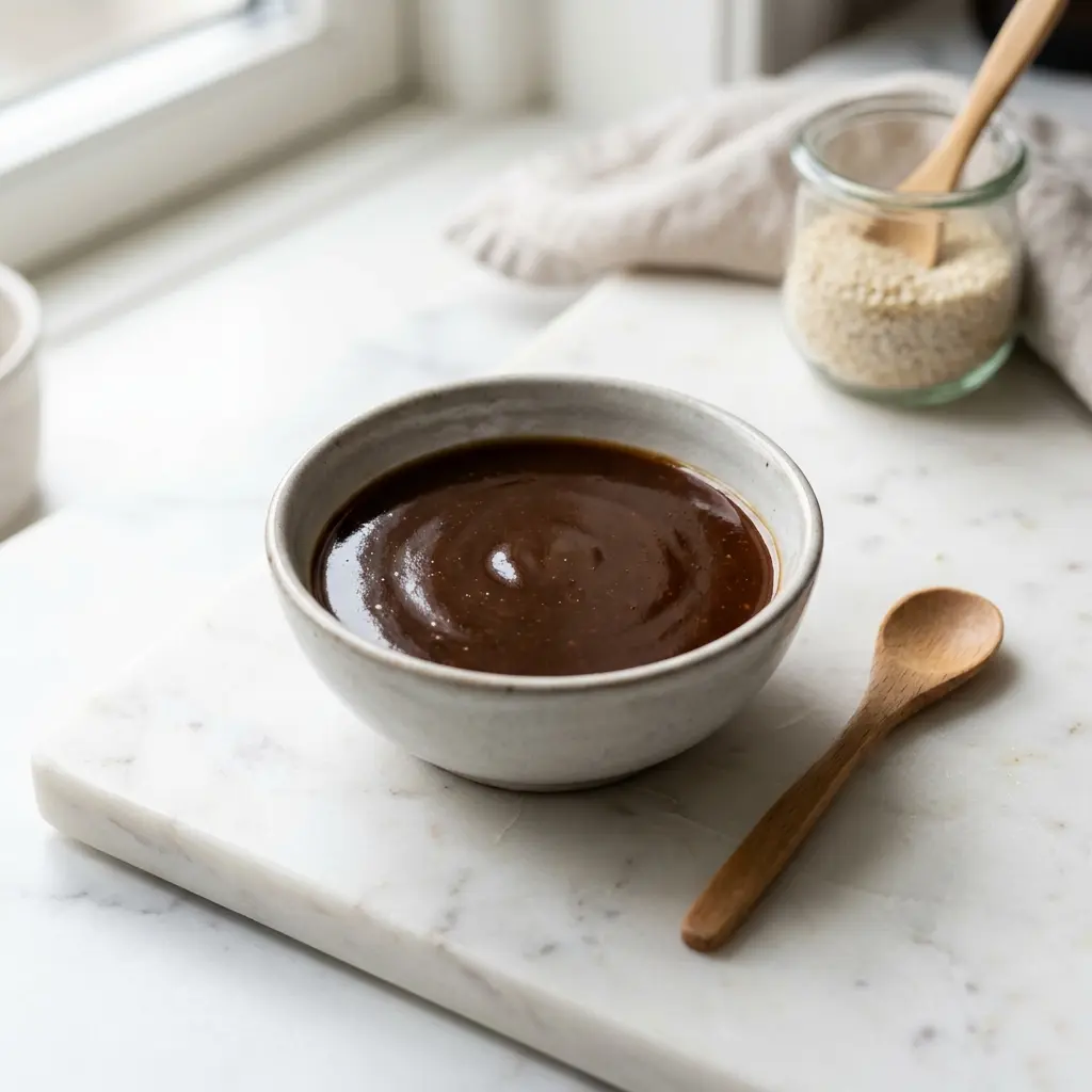 En hjemmelavet teriyaki sauce serveret i en lille skål klar til brug i madlavningen