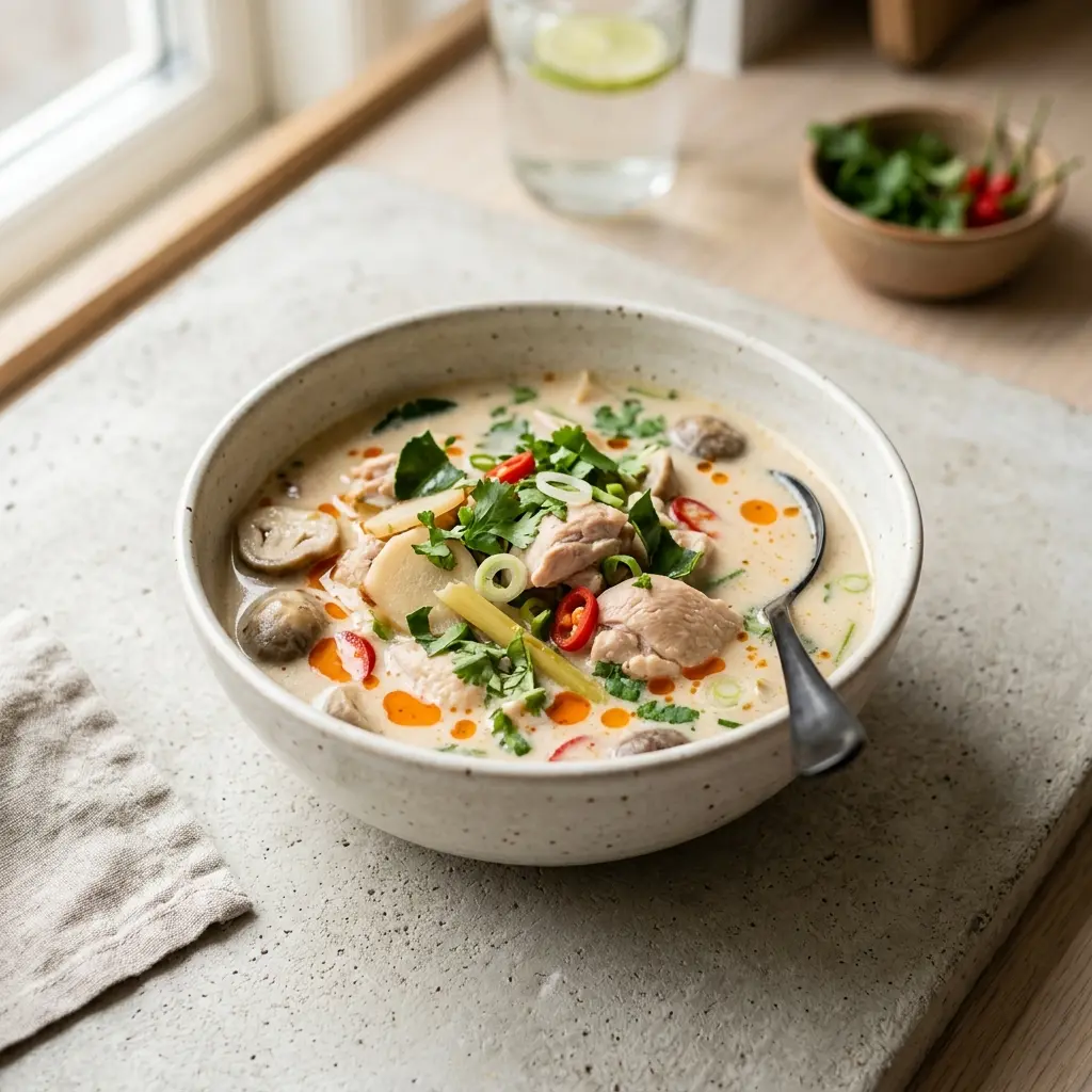 En skål med cremet tom kha gai med kylling pyntet med friske krydderurter og chili