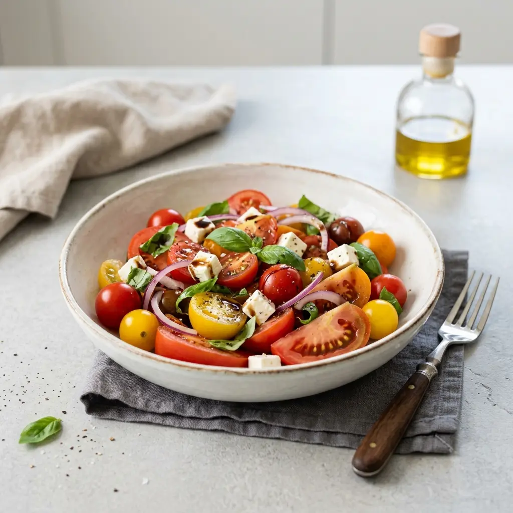 En frisk og farverig tomatsalat anrettet i en skål som et sundt og velsmagende tilbehør