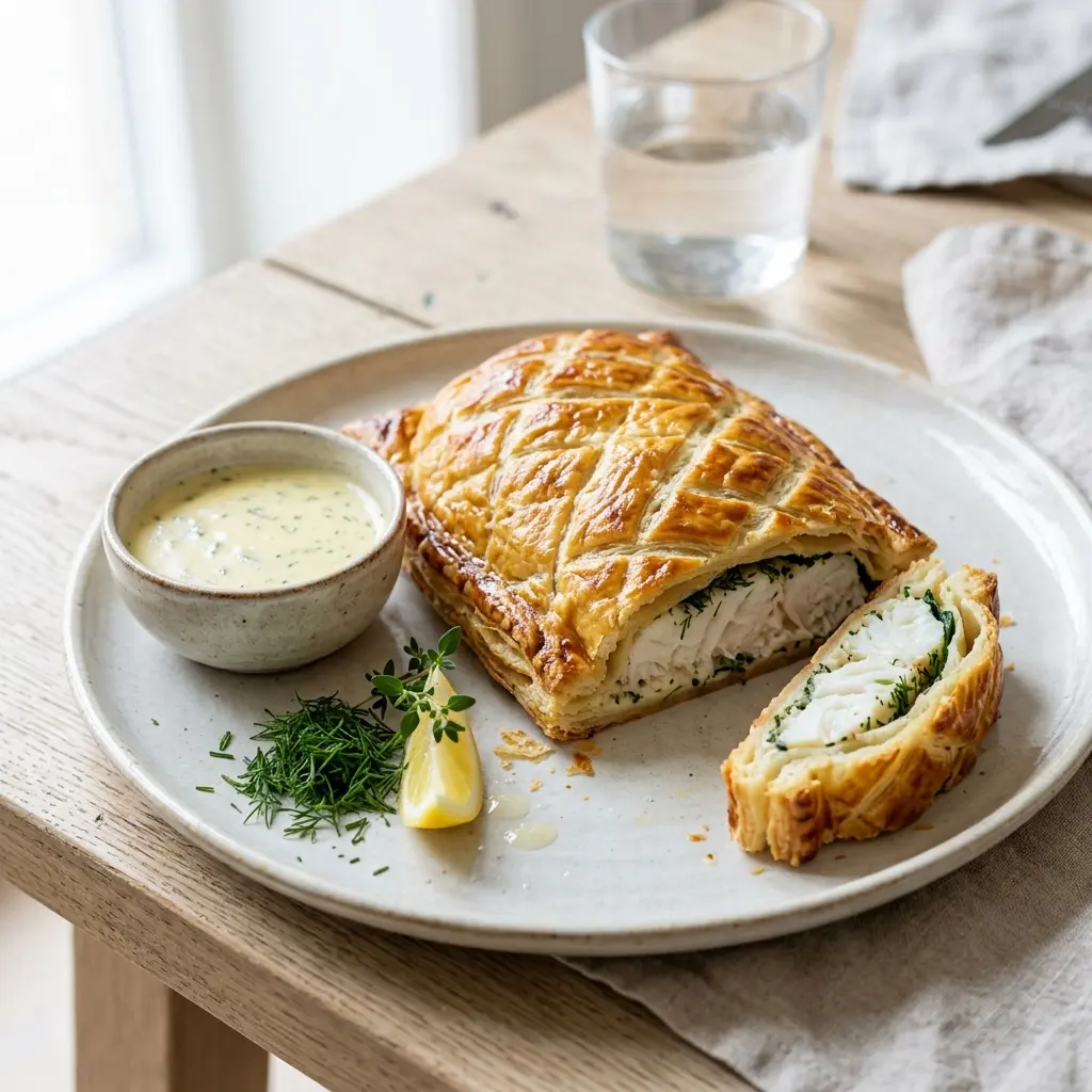 En lækker og sprød torsk i butterdej serveret på en tallerken klar til at spise