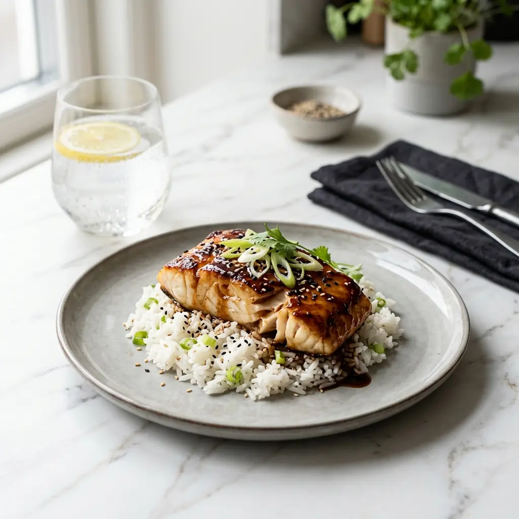 En lækker anretning med torsk i teriyaki serveret med friske grøntsager og dampet ris til