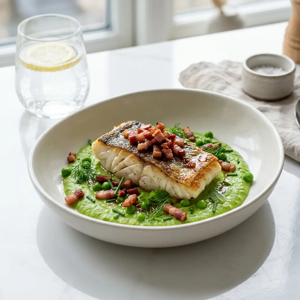 En lækker anretning af stegt torsk med bacon og ærtepure serveret på en hvid tallerken