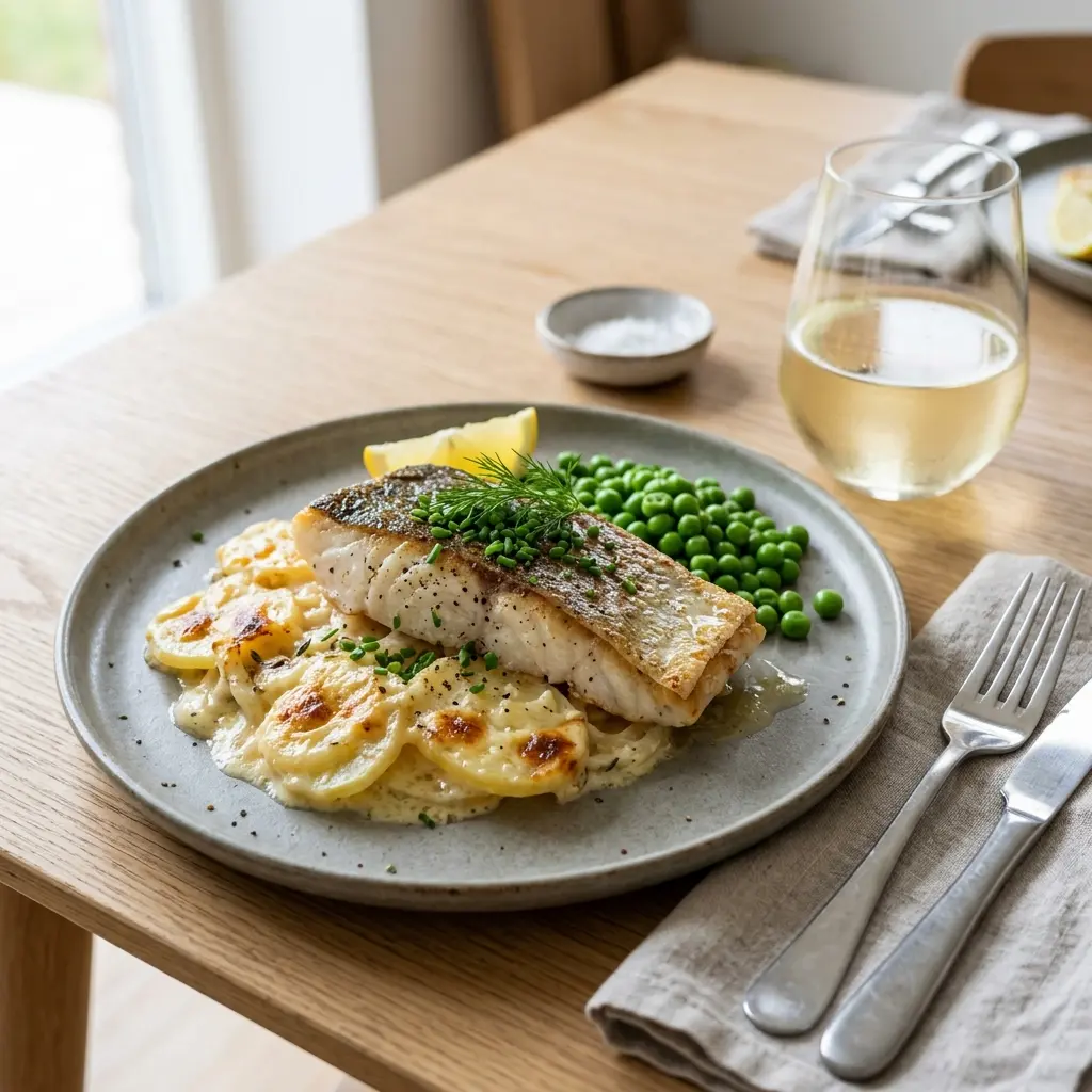 En lækker tallerken med ovnstegt torsk med flødekartofler serveret med friske krydderurter og citron