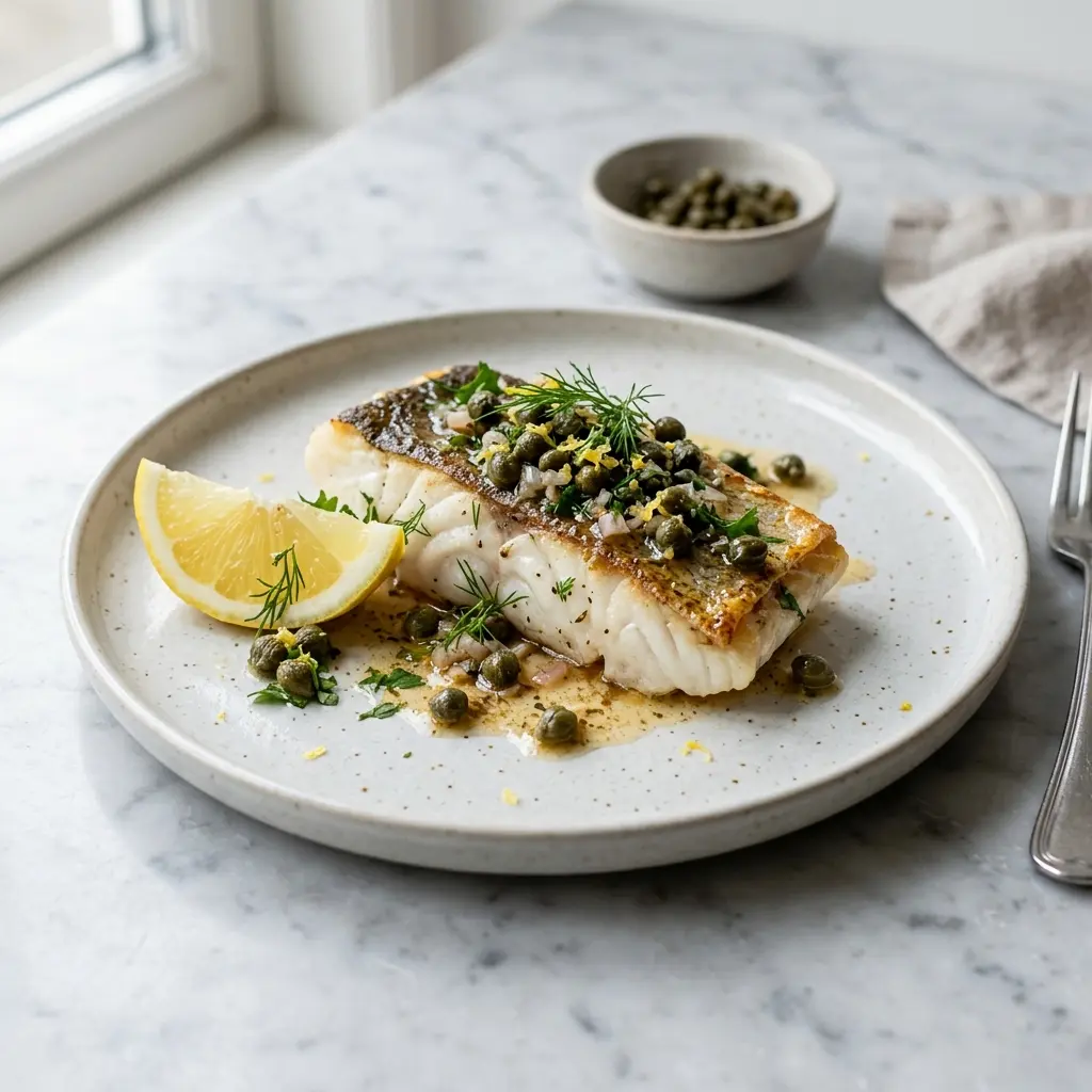 En smukt anrettet tallerken med torsk med kapers og citron serveret med friske krydderurter